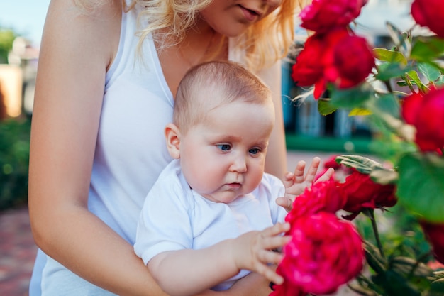 Молодая женщина обнимая младенца gir в розарии. Младенец смотрит на цветы, касаясь их открытия мира.