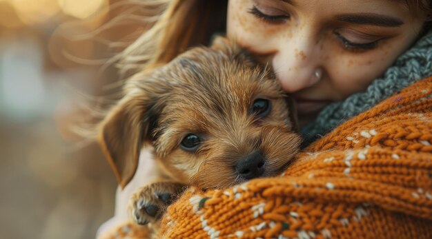 Photo young woman hugging her dog