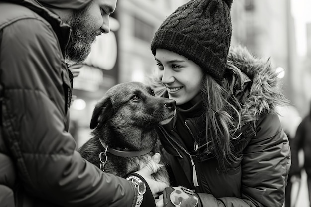 Foto una giovane donna abbraccia un cane per strada in una grande città