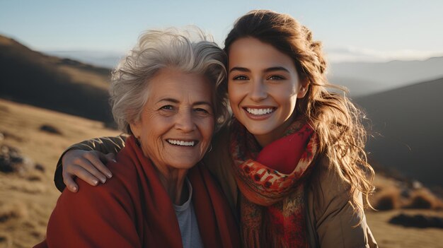 Young woman hugs her mom outdoors Mothers Day vacation