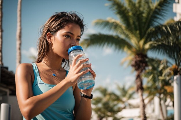 Young woman hydrating with a water bottle in a tropical city