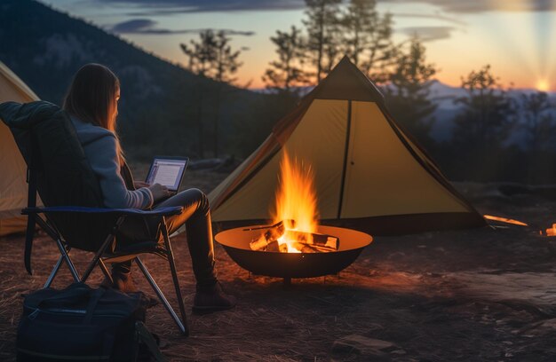 Photo young woman immersed in her work laptop on her legs in front of a warm fire