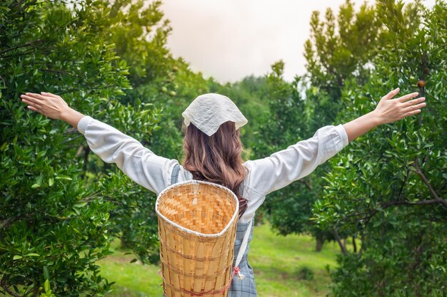 写真 背中にバスケットを背負ったドレスを着た若い女性が庭でオレンジを摘む準備ができています 庭で幸せに働く農家のコンセプト