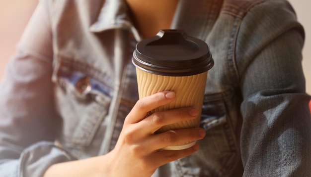 Фото Молодая женщина в кафе держит кофе крупным планом