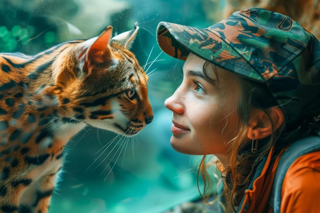 写真 カモフラージュの帽子をかぶった若い女性が茂った緑の森で壮大なベンガル猫と顔を向けて