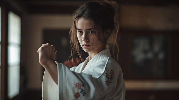 Фото Молодая женщина в кимоно занимается карате генеративный ии