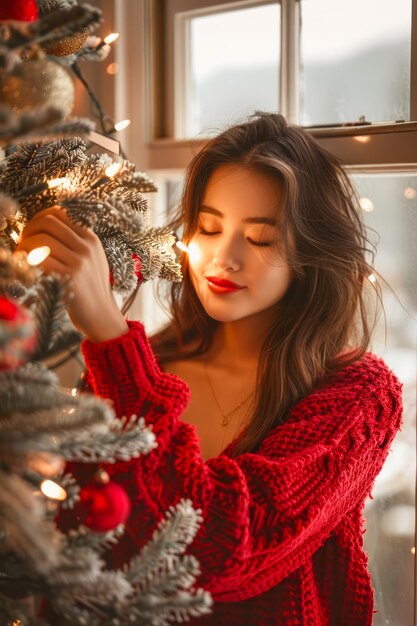 Фото Молодая женщина в красном свитере наслаждается рождественским духом, украшая праздничную елку в помещении с