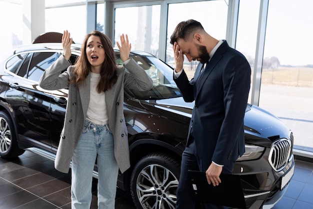 A young woman indignant in a car dealership swears with an employee of the dealership