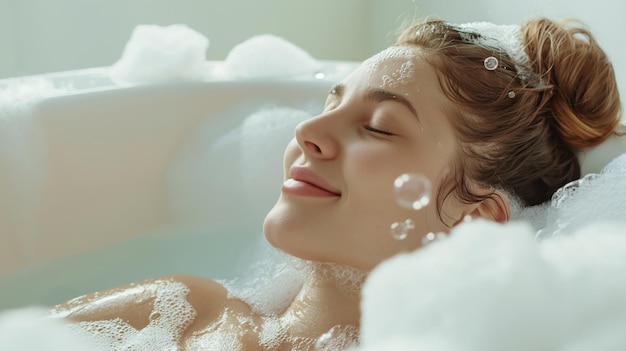 Young Woman Indulging in a Luxurious Bubble Bath with Aromatic Candles and Relaxing Atmosphere