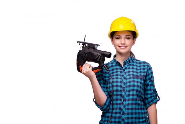 Young woman in industrial concept isolated on white