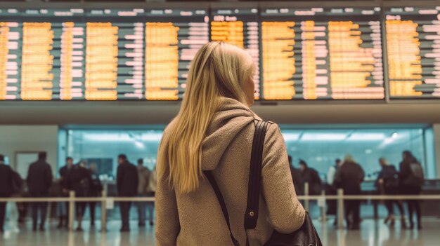 Foto una giovane donna in un aeroporto internazionale guarda il pannello delle informazioni di volo, tiene in mano una valigia e controlla il suo volo all'aeroporto ai generativa