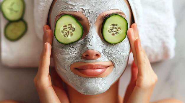 Photo a young woman is applying a facial mask to her face she has cucumber slices on her eyes she is smiling and looks relaxed