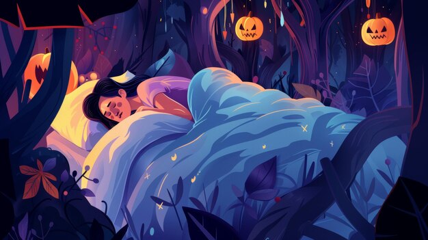 Photo a young woman is asleep in bed dreaming about scary halloween ghosts in the forest a modern cartoon illustration shows her having a nightmare about monsters chasing her in the dark