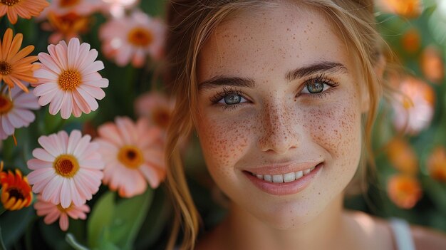 A young woman is blonde freckled and blue eyed smiling and looking straight into the camera