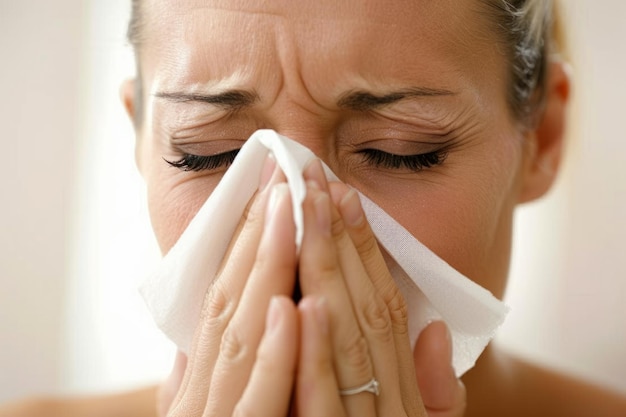 A young woman is blowing her nose with a tissue during spring allergy season flowers blossom