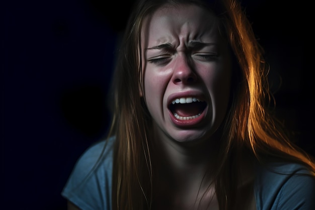 A young woman is crying in a dark room