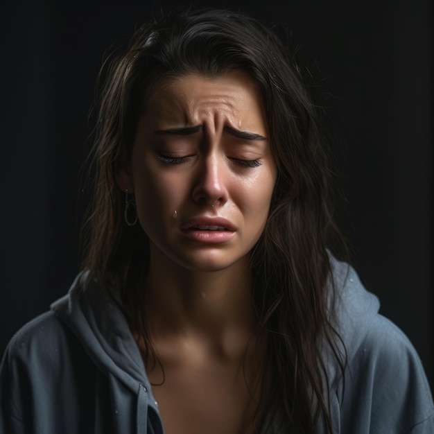 a young woman is crying in front of a black background