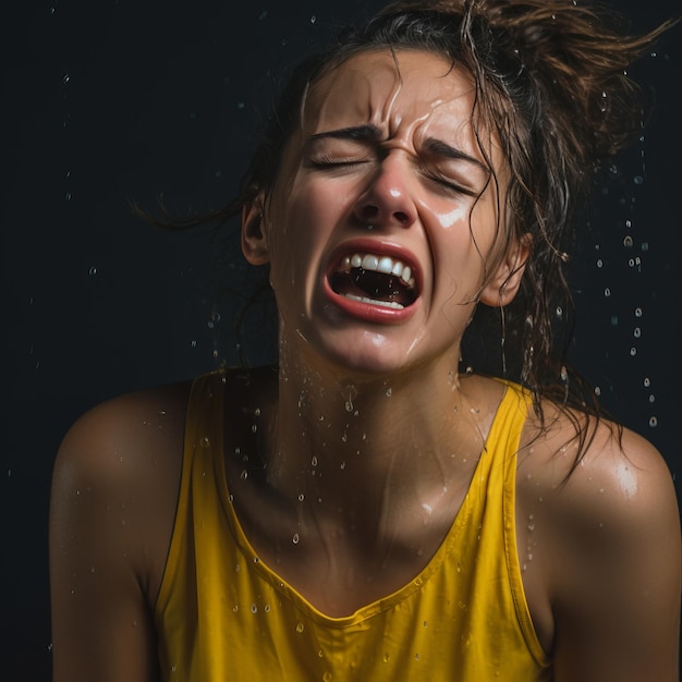 Photo a young woman is crying in the rain