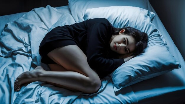 Young woman is depressed on a white bed