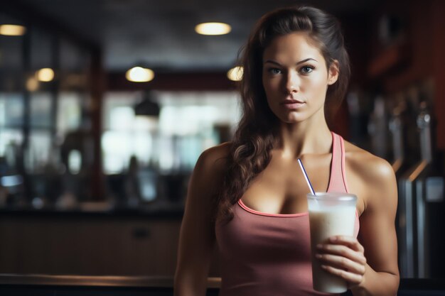 Foto una giovane donna sta bevendo un frullato proteico dopo l'allenamento.