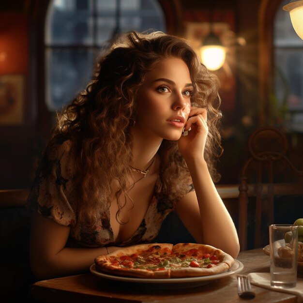 a young woman is eating pizza in cafe alone waiting for her partner