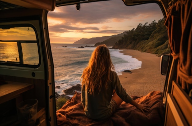 A young woman is enjoying her time in a van parked by the beach