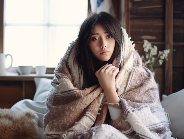 Young Woman is feeling Sick Covered by Blanket