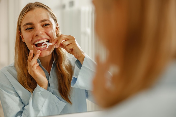 Photo a young woman is flossing in a stylish bathroom focusing on her dental hygiene and beauty