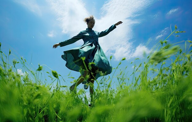 Young woman is flying green through grass looking