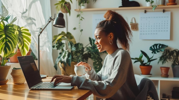 Foto una giovane donna è concentrata sul lavoro sul suo laptop in un ufficio moderno