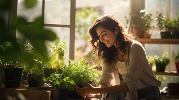 Photo young woman is gardening by caring for plants in her home