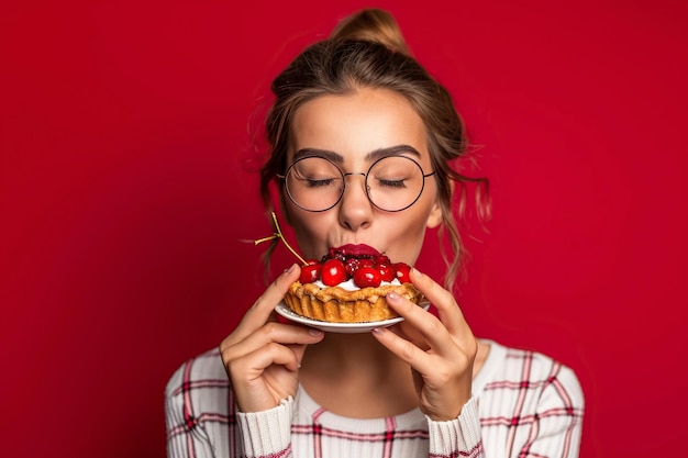 Photo a young woman is happily holding a homemade cherry pie a delicious bun and licking her lips agains