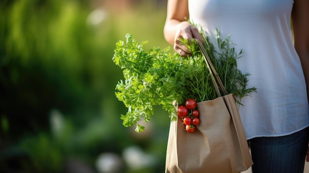 Молодая женщина держит эко-сумку, полную зелени и овощей с фермерского рынка. Создано с помощью технологии генеративного искусственного интеллекта.