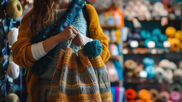 Photo a young woman is holding a handmade bag made of yellow gray and blue yarn the bag has a striped pattern and is perfect for carrying small items