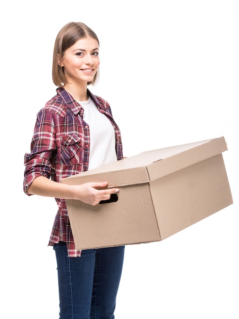 Young woman is holding a paper box.