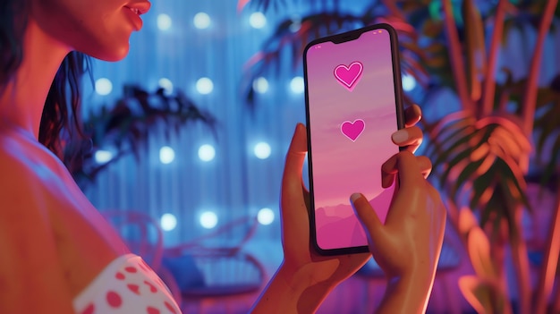 Photo a young woman is holding a phone in her hand she is looking at the screen and smiling the background is blurred and has a pink and blue gradient