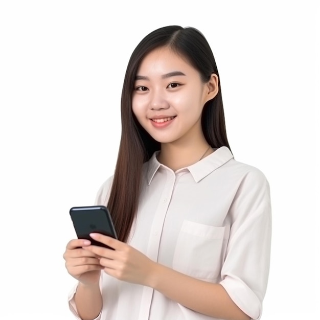 A young woman is holding a phone and smiling.