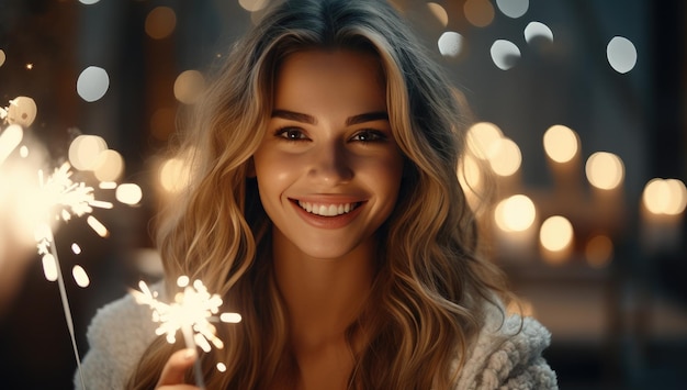 Photo a young woman is holding a sparkler and smiling