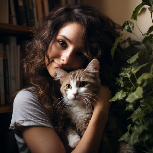 Foto una giovane donna sta abbracciando un gatto