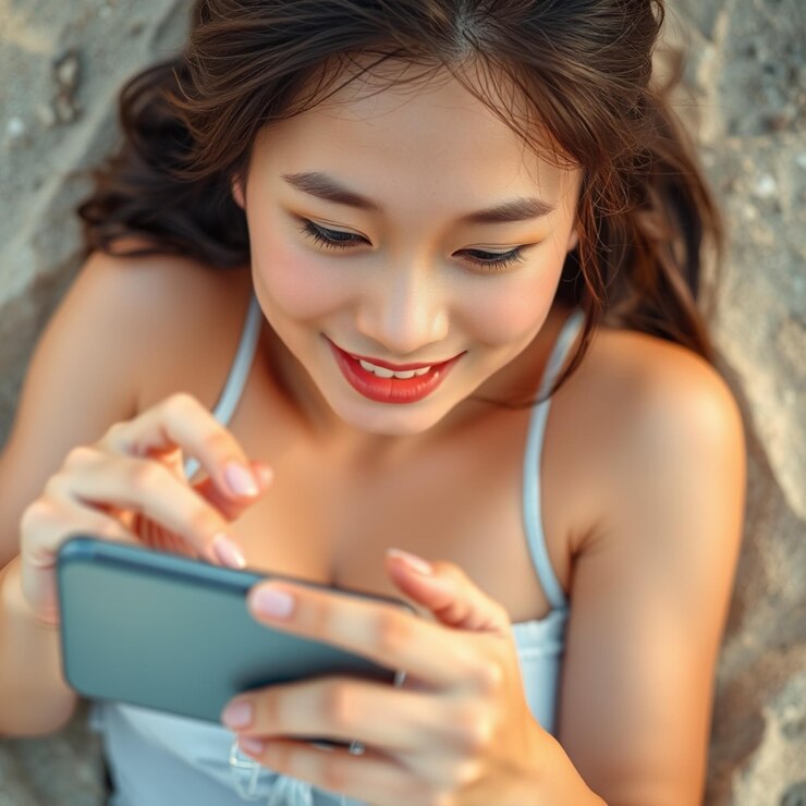 Photo a young woman is looking at her phone and smiling