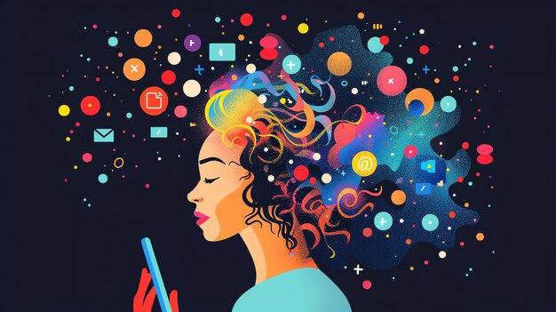 A young woman is looking at her smartphone She is surrounded by colorful shapes and symbols