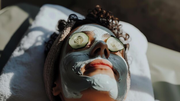 Photo a young woman is lying down with her eyes closed and cucumber slices on her eyes