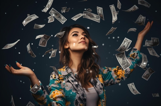 a young woman is making money in the air around a gray background