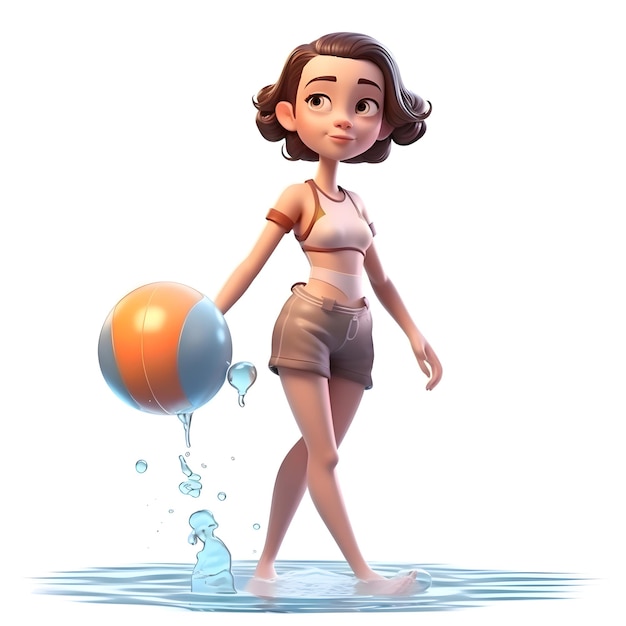 Young woman is playing with a ball in water 3d rendering