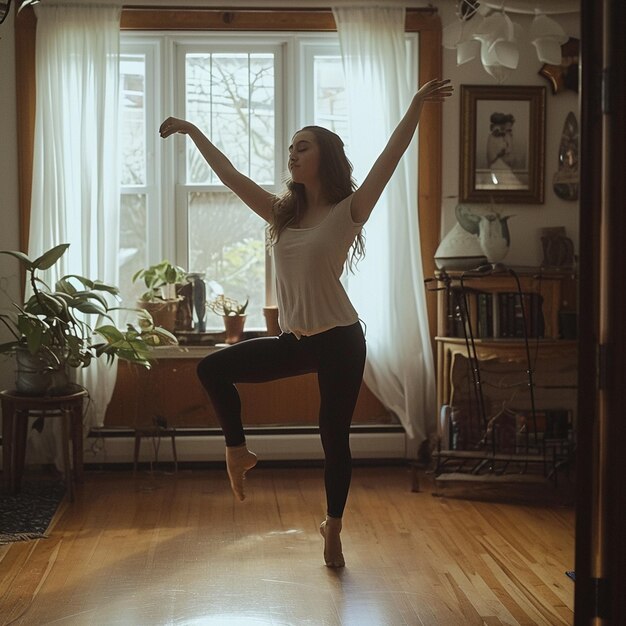 Photo a young woman is practicing her ballet spins in the front room of her house