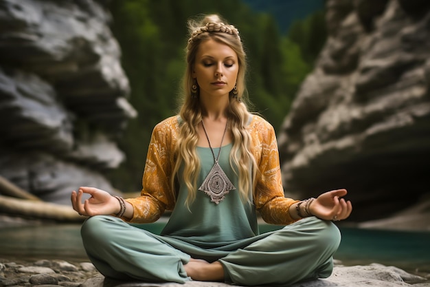 Young woman is practicing yoga near river