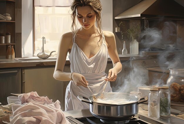 Foto una giovane donna sta preparando il cibo in cucina nello stile grigio chiaro e rosa