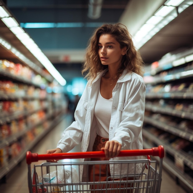 若い女性がスーパーマーケットでショッピングカートを押している