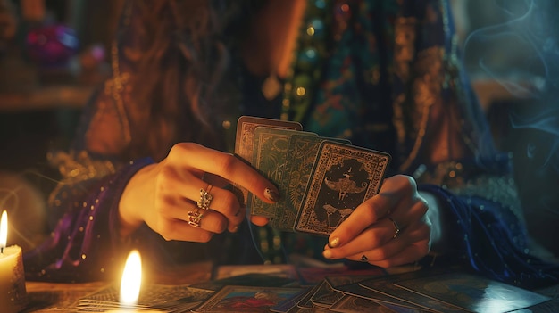 A young woman is reading tarot cards by candlelight She is wearing a black dress and has long flowing hair