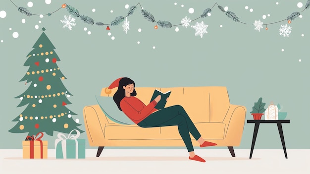 한 젊은 여성이 편안한 거실의 소파에서 휴식을 취하고 있습니다. 그녀는 빨간 스웨터와 산타 모자를 입고 책을 읽고 있습니다.
